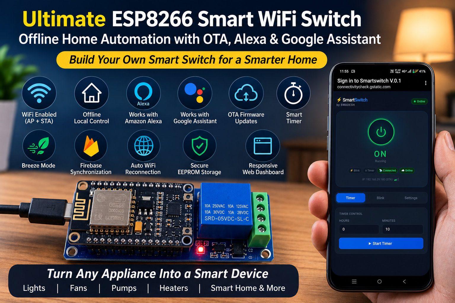 ESP8266 Smart WiFi Switch dashboard displayed on a smartphone with offline home automation, OTA updates, Alexa and Google Assistant support